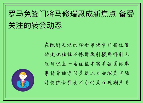 罗马免签门将马修瑞恩成新焦点 备受关注的转会动态